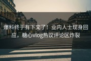 爆料终于有下文了！业内人士现身回应，糖心vlog热议评论区炸裂